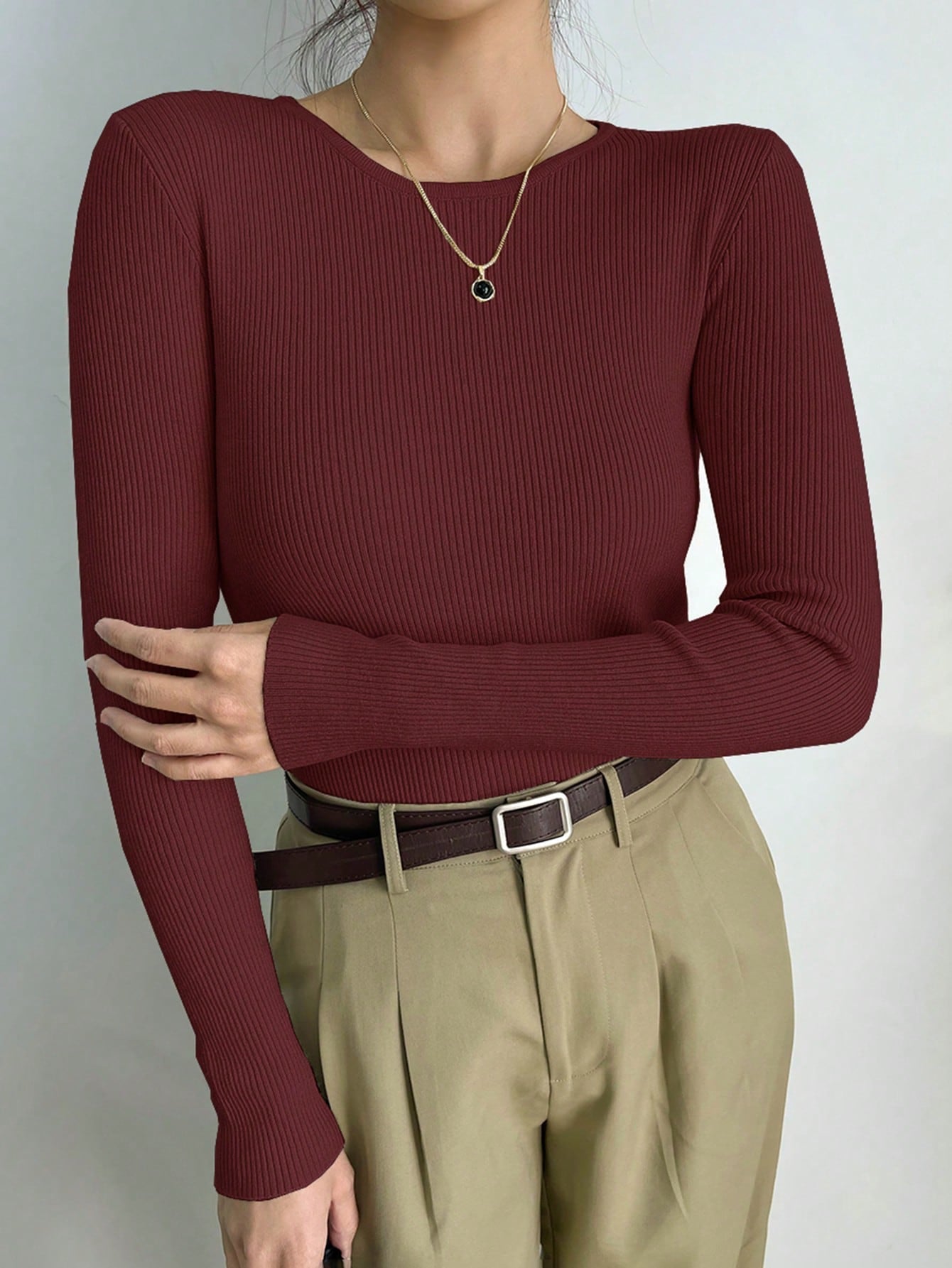 Blusa Canelada de Manga Longa com Decote Reto Bordô / P Blusa Canelada de Manga Longa com Decote Reto