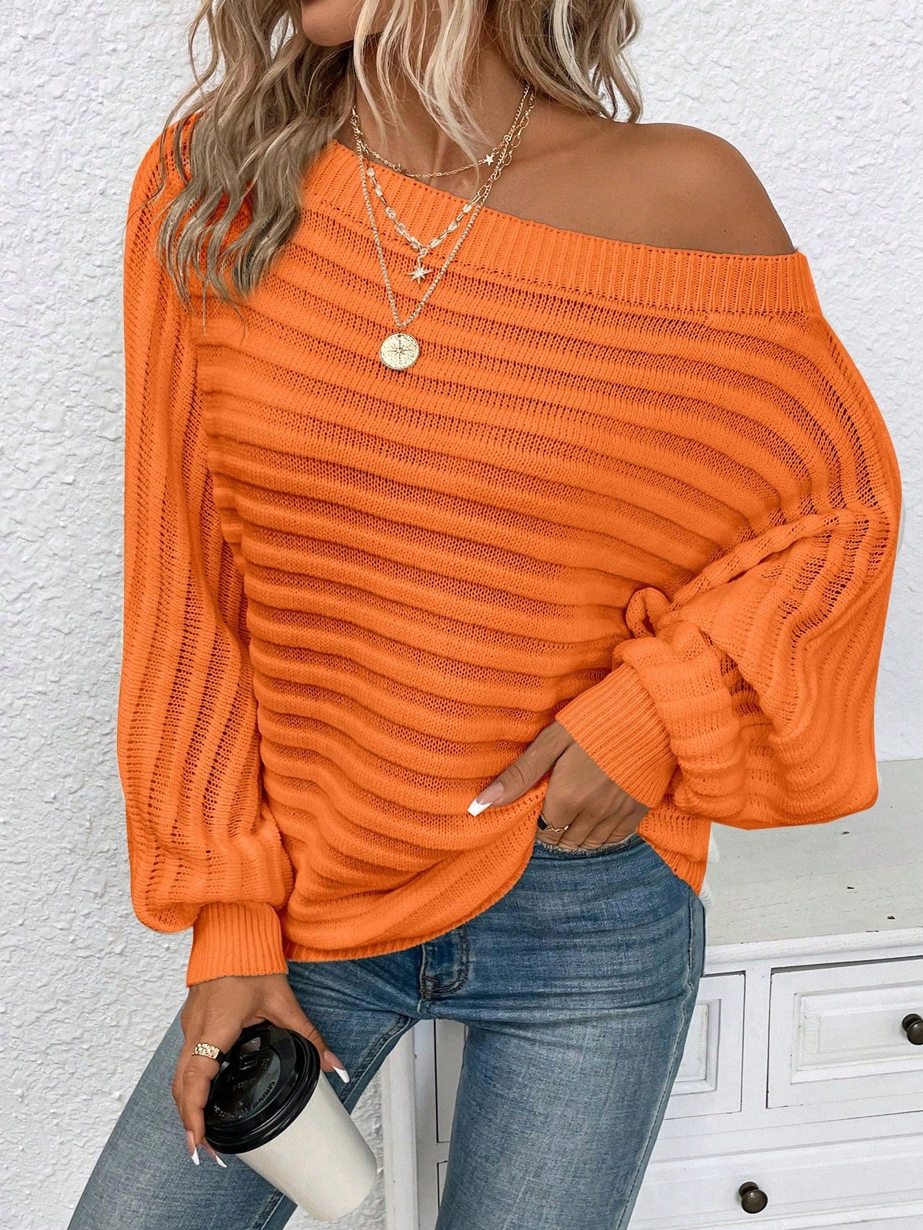 Blusa Ombro Caído em Tricô com Textura Canelada Laranja / P Blusa Ombro Caído em Tricô com Textura Canelada