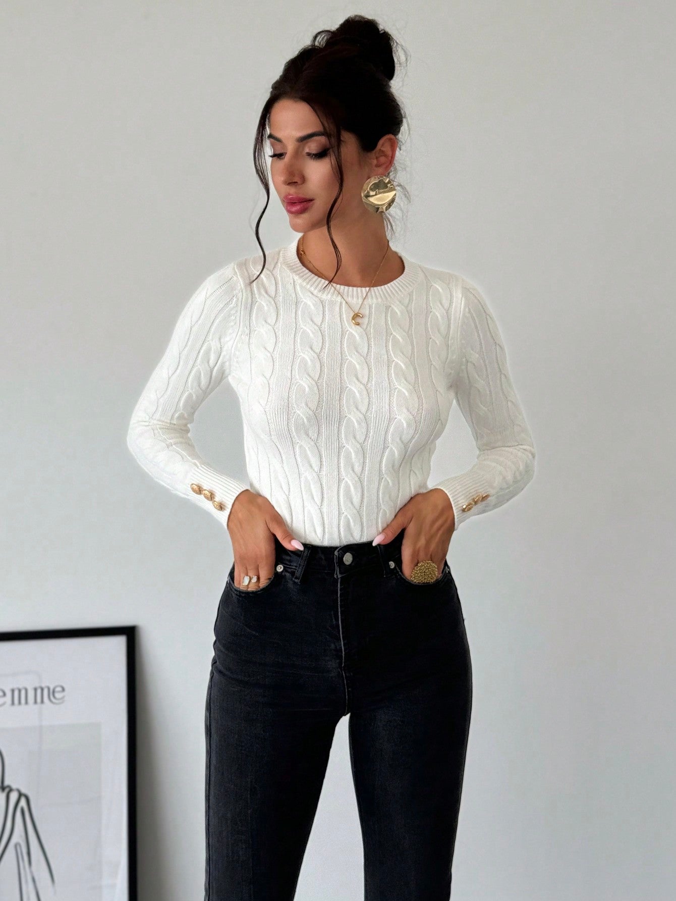 Blusa Tricot com Trança e Botões nos Punhos Branco / P Blusa Tricot com Trança e Botões nos Punhos