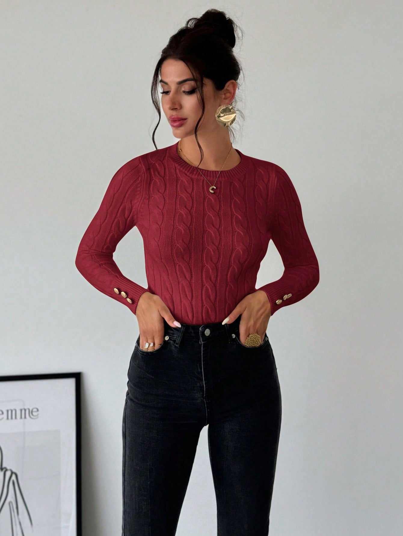 Blusa Tricot com Trança e Botões nos Punhos Blusa Tricot com Trança e Botões nos Punhos