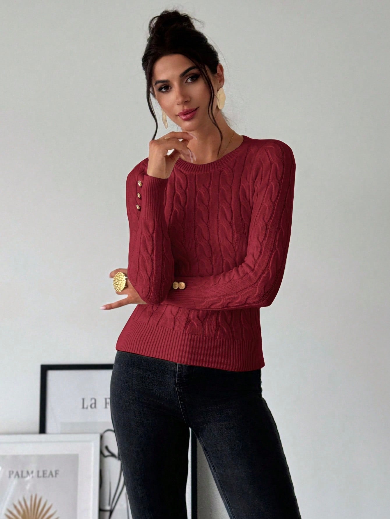Blusa Tricot com Trança e Botões nos Punhos Blusa Tricot com Trança e Botões nos Punhos