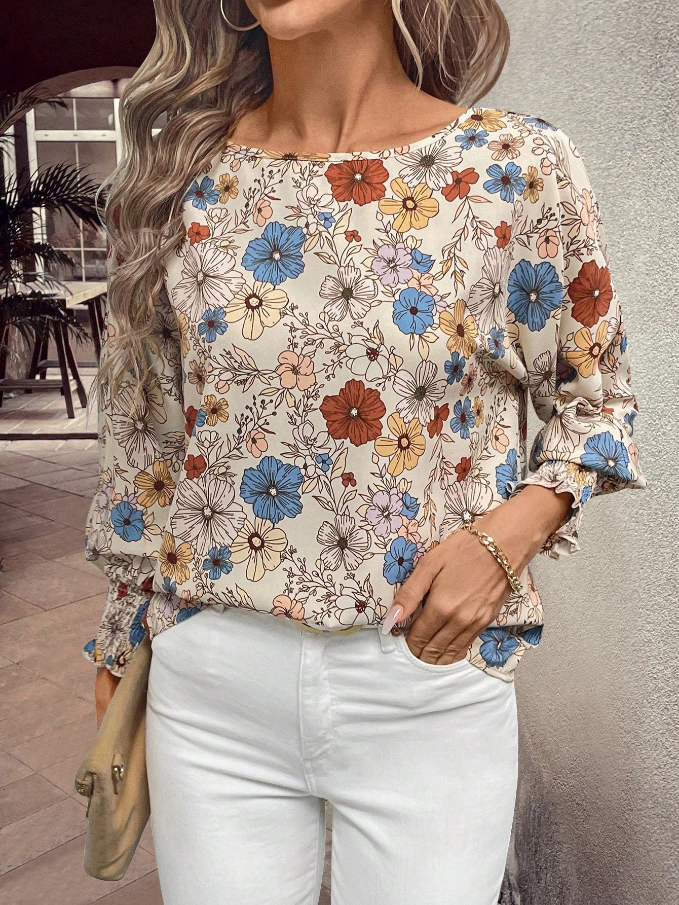 Blusa com Detalhe Texturizado e Manga Bufante Estampado / P Blusa com Detalhe Texturizado e Manga Bufante