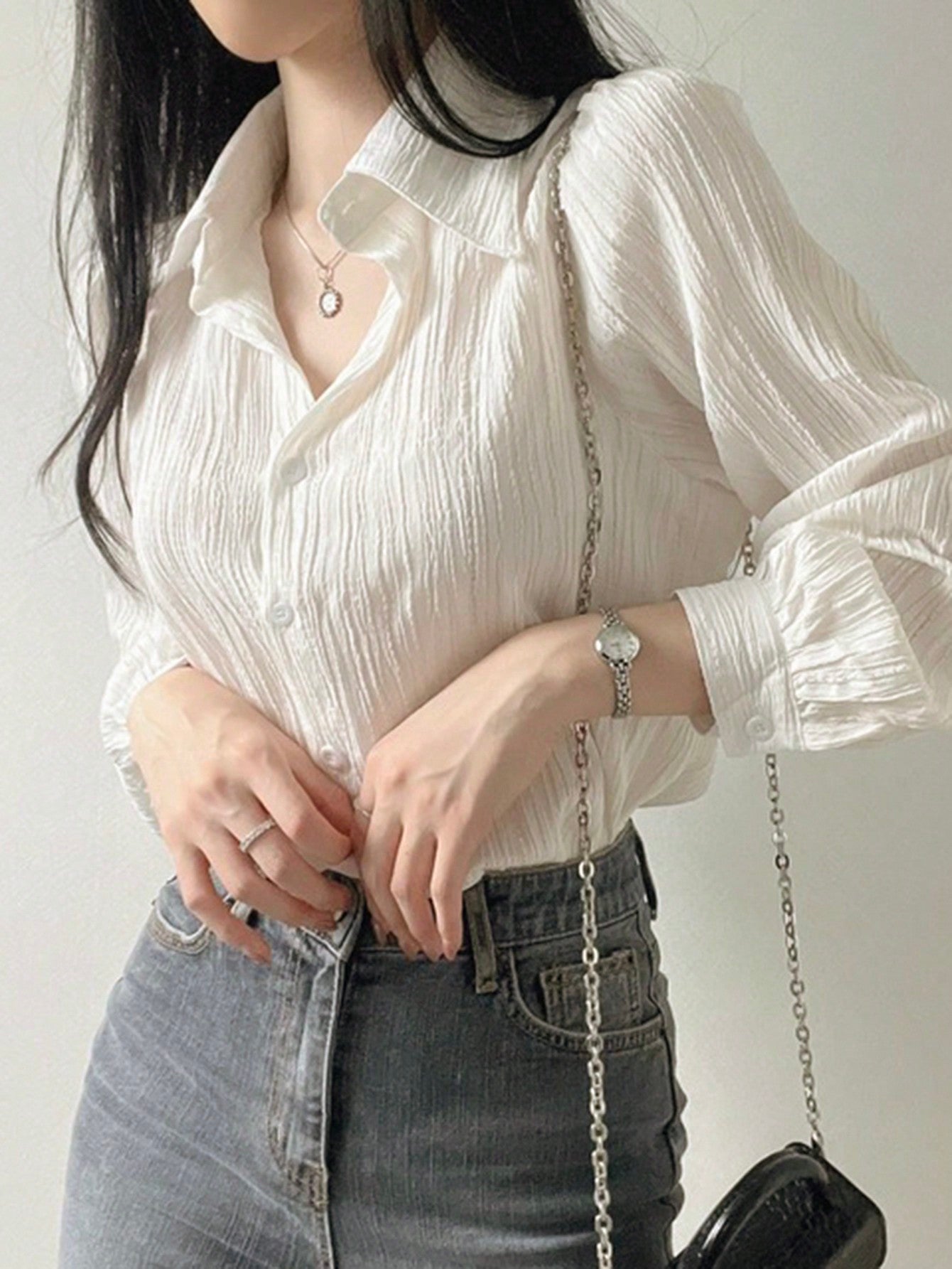 Camisa de Tecido Amassado com Caimento Leve Branco / P Camisa de Tecido Amassado com Caimento Leve