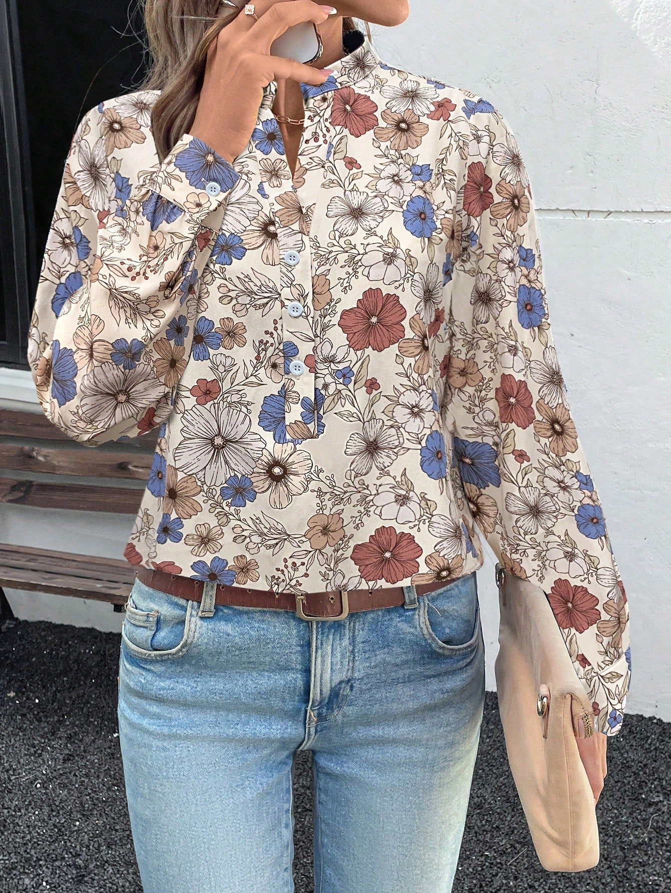 Camisa Estampada com Gola Padre e Botões Frontais Camisa Estampada com Gola Padre e Botões Frontais
