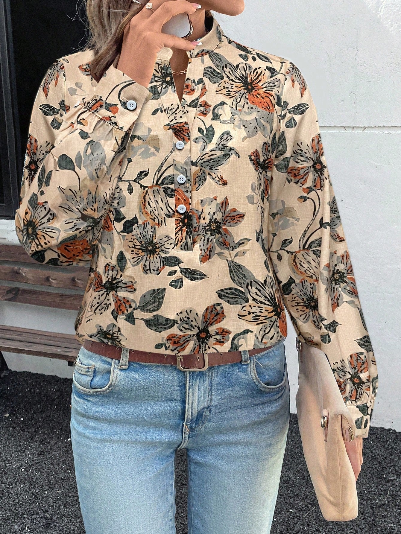 Camisa Estampada com Gola Padre e Botões Frontais Camisa Estampada com Gola Padre e Botões Frontais