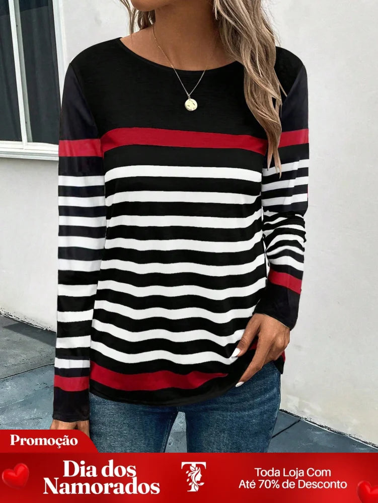 Blusa Listrada com Detalhes Coloridos e Manga Longa Blusa Listrada com Detalhes Coloridos e Manga Longa