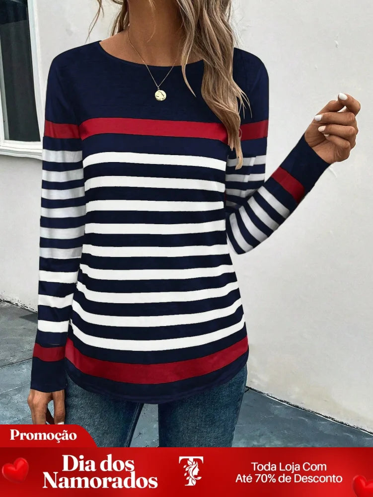 Blusa Listrada com Detalhes Coloridos e Manga Longa Blusa Listrada com Detalhes Coloridos e Manga Longa
