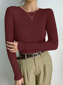 Blusa Canelada de Manga Longa com Decote Reto Bordô / P Blusa Canelada de Manga Longa com Decote Reto