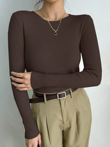 Blusa Canelada de Manga Longa com Decote Reto Café / P Blusa Canelada de Manga Longa com Decote Reto