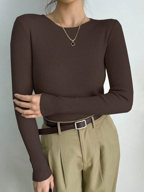 Blusa Canelada de Manga Longa com Decote Reto Café / P Blusa Canelada de Manga Longa com Decote Reto