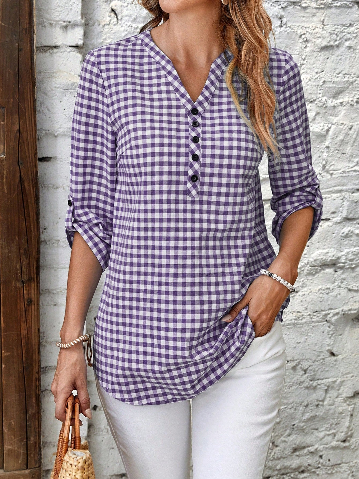 Blusa Listrada com Decote V e Manga Ajustável Roxo / P Blusa Listrada com Decote V e Manga Ajustável