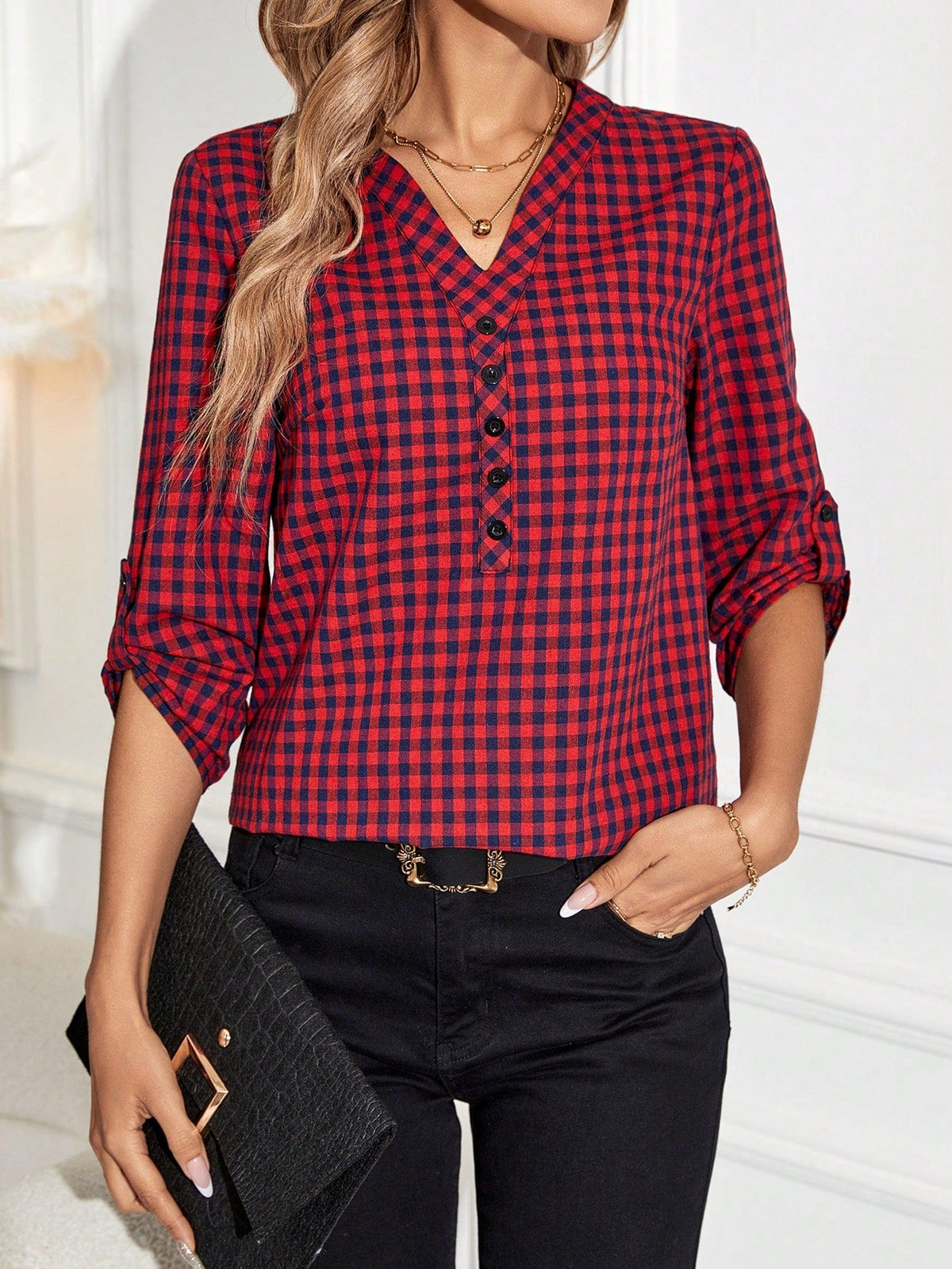 Blusa Listrada com Decote V e Manga Ajustável Vermelho / P Blusa Listrada com Decote V e Manga Ajustável