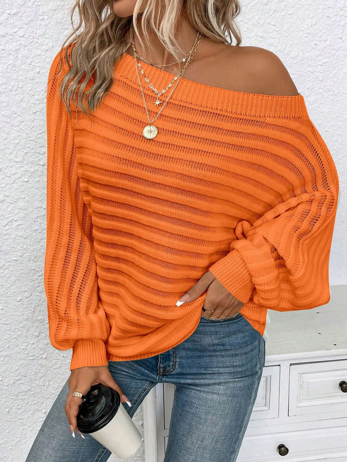 Blusa Ombro Caído em Tricô com Textura Canelada Laranja / P Blusa Ombro Caído em Tricô com Textura Canelada