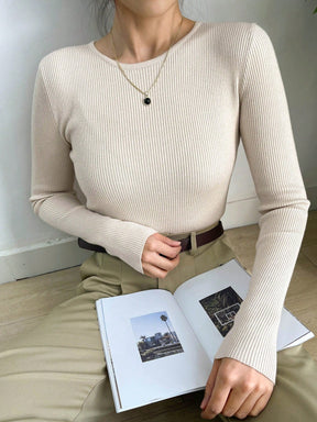 Blusa Canelada de Manga Longa com Decote Reto Blusa Canelada de Manga Longa com Decote Reto
