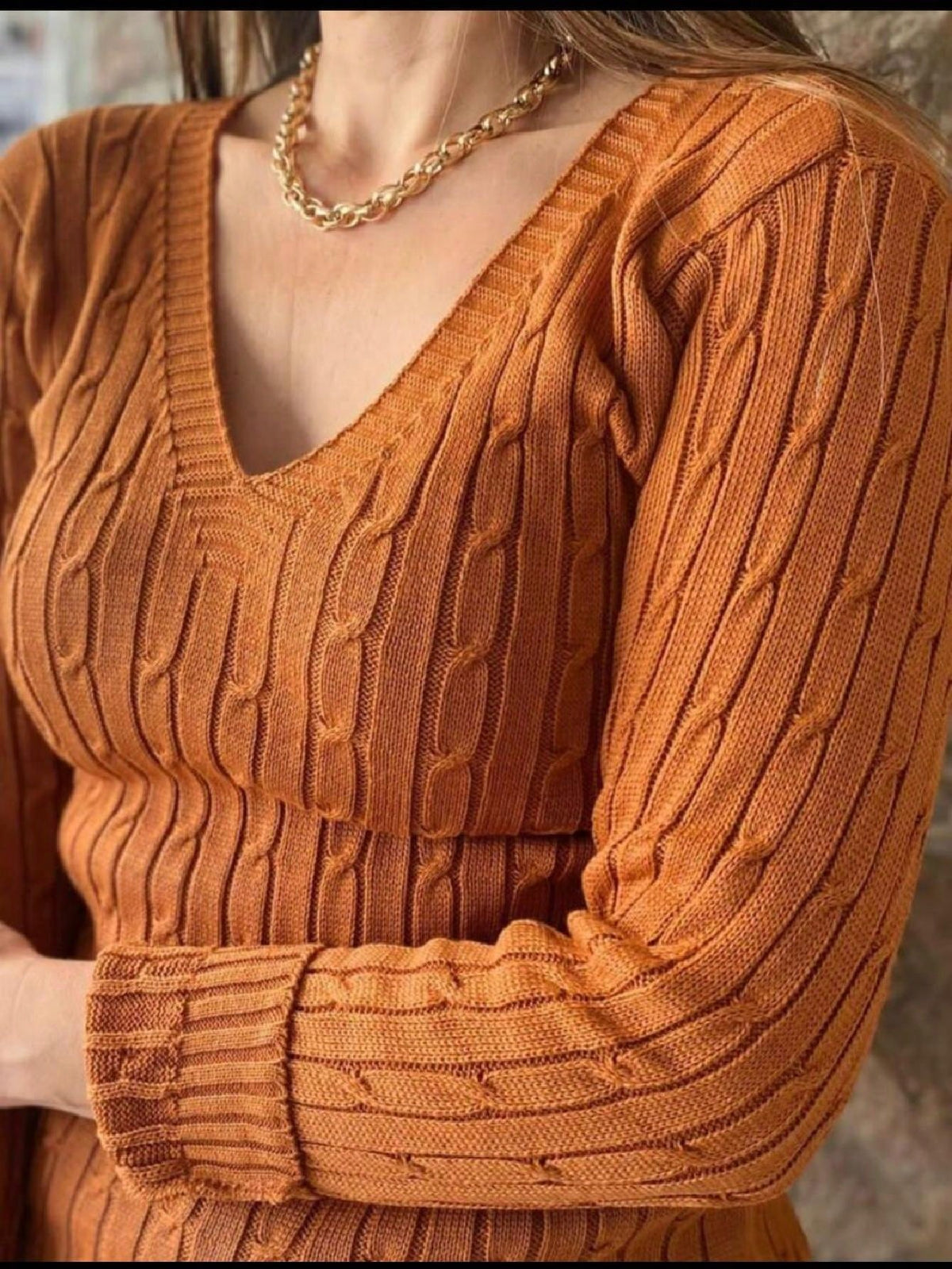 Blusa Tricot com Decote V e Textura Trançada Caqui / P Blusa Tricot com Decote V e Textura Trançada