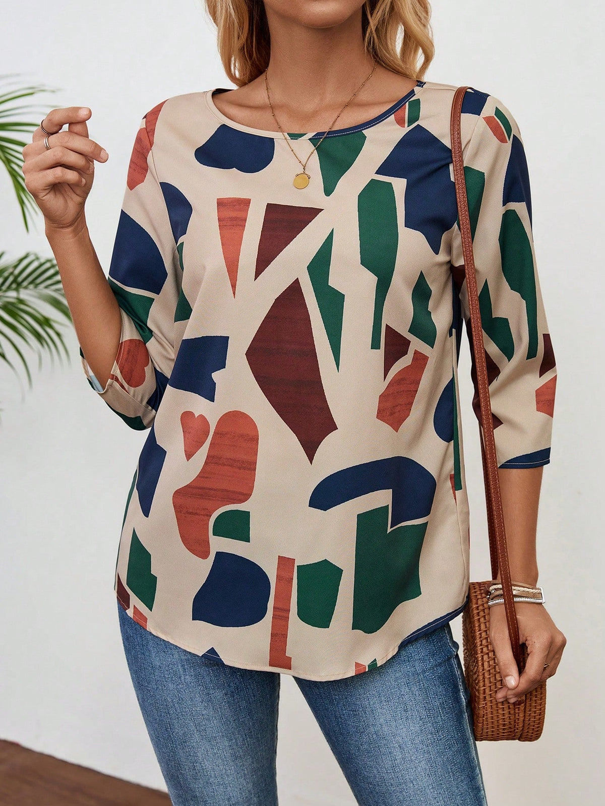 Blusa com Estampa Geométrica e Manga 3/4 Cor 1 / P Blusa com Estampa Geométrica e Manga 3/4