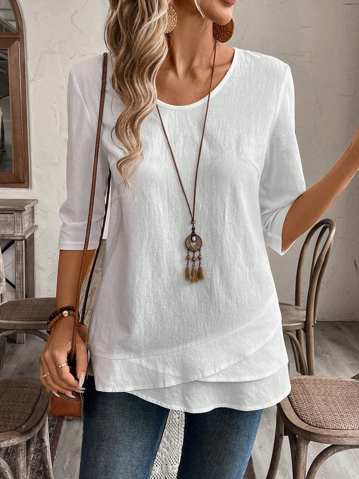 Blusa de Algodão com Detalhe em Camadas e Manga 3/4 Branco / P Blusa de Algodão com Detalhe em Camadas e Manga 3/4