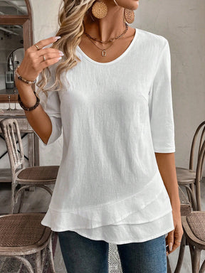 Blusa de Algodão com Detalhe em Camadas e Manga 3/4 Blusa de Algodão com Detalhe em Camadas e Manga 3/4