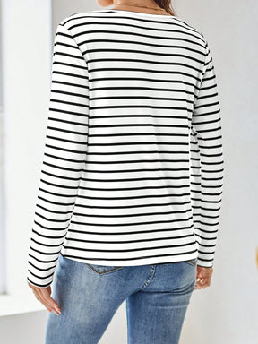 Camiseta Listrada com Decote em V Casual Elegante Camiseta Listrada com Decote em V Casual Elegante
