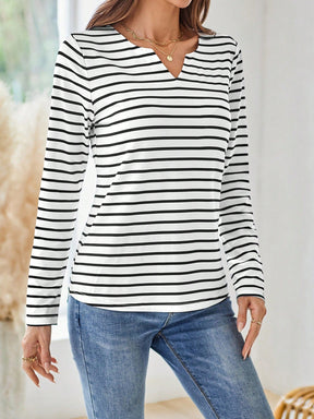 Camiseta Listrada com Decote em V Casual Elegante Camiseta Listrada com Decote em V Casual Elegante