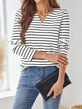 Camiseta Listrada com Decote em V Casual Elegante Camiseta Listrada com Decote em V Casual Elegante