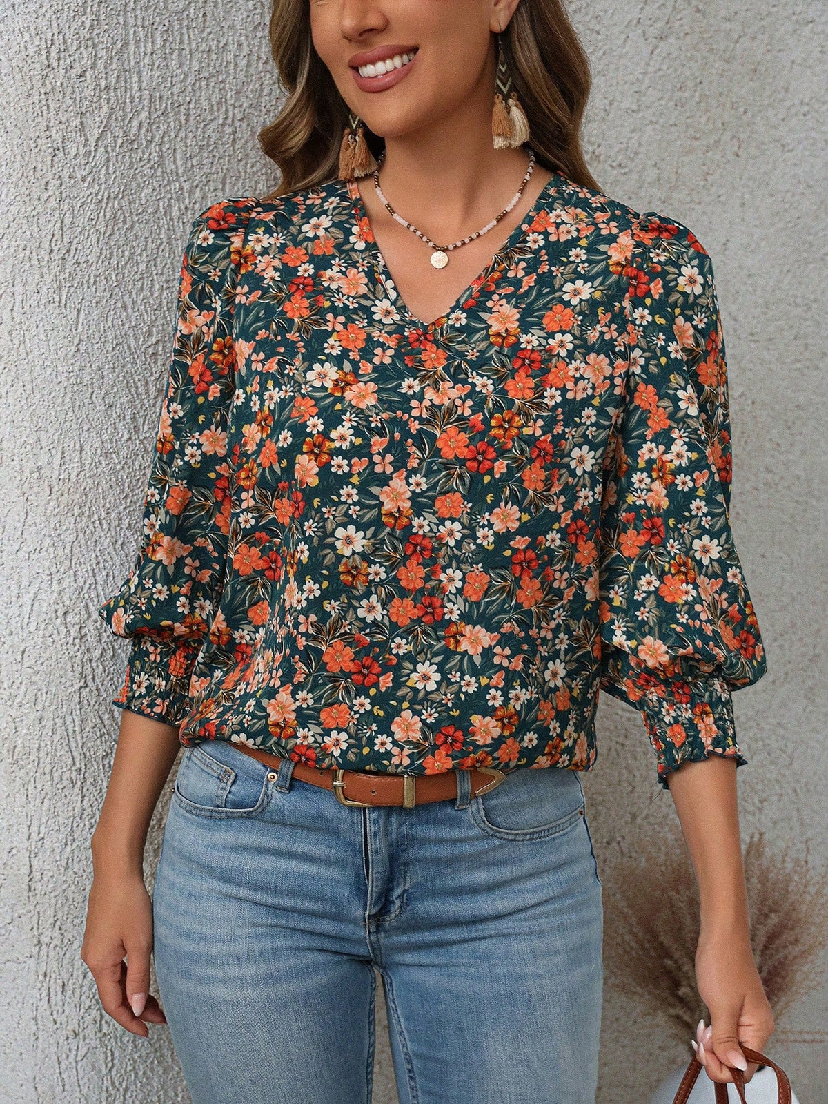 Blusa Floral com Decote V e Manga Bufante 3/4 Estampa 1 / P Blusa Floral com Decote V e Manga Bufante 3/4