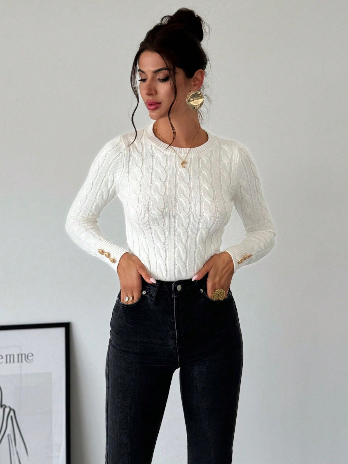 Blusa Tricot com Trança e Botões nos Punhos Branco / P Blusa Tricot com Trança e Botões nos Punhos