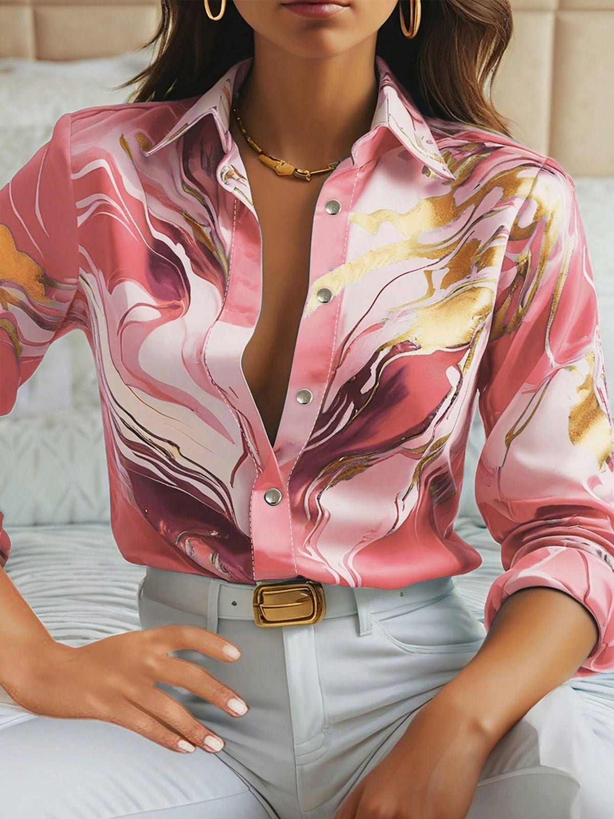 Camisa Estampada com Efeito Mármore e Botões Frontais Pink / P Camisa Estampada com Efeito Mármore e Botões Frontais