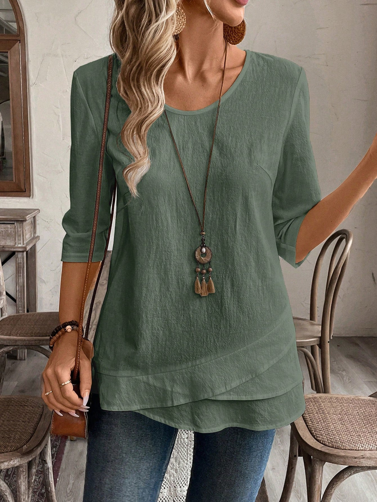 Blusa de Algodão com Detalhe em Camadas e Manga 3/4 Verde Militar / P Blusa de Algodão com Detalhe em Camadas e Manga