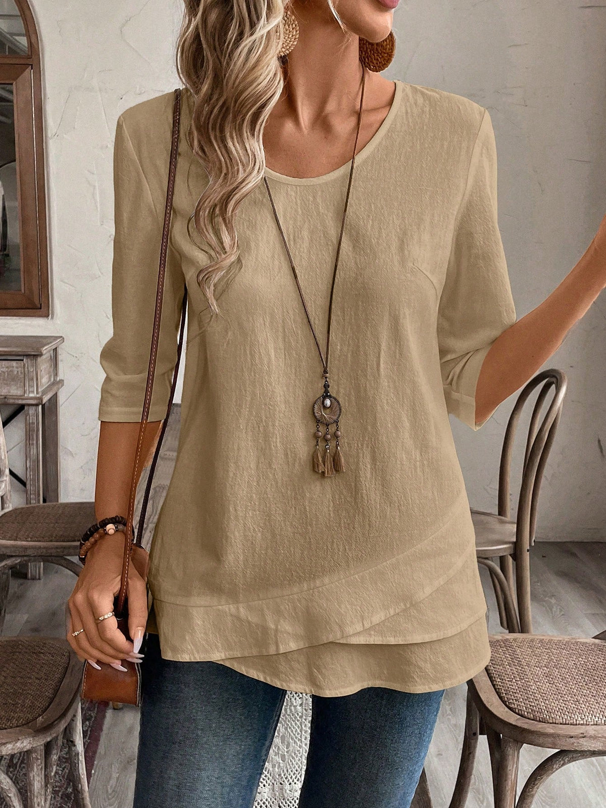 Blusa de Algodão com Detalhe em Camadas e Manga 3/4 Caqui / P Blusa de Algodão com Detalhe em Camadas e Manga 3/4