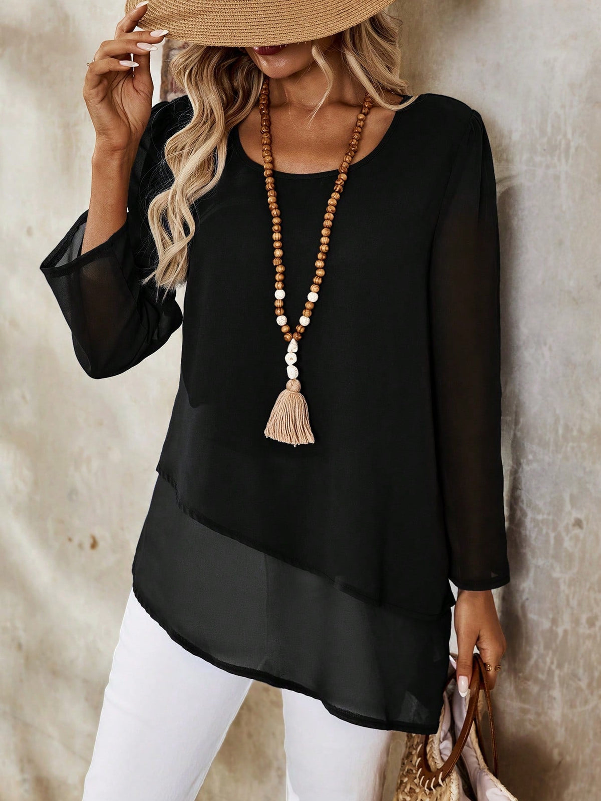 Camisa Longa em Chiffon com Barra Assimétrica Preto / P Camisa Longa em Chiffon com Barra Assimétrica