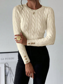 Blusa Tricot com Trança e Botões nos Punhos Bege / P Blusa Tricot com Trança e Botões nos Punhos
