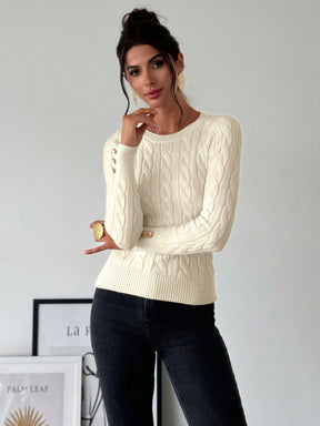 Blusa Tricot com Trança e Botões nos Punhos Blusa Tricot com Trança e Botões nos Punhos