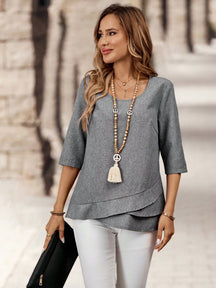 Blusa de Algodão com Detalhe em Camadas e Manga 3/4 Cinza / P Blusa de Algodão com Detalhe em Camadas e Manga 3/4