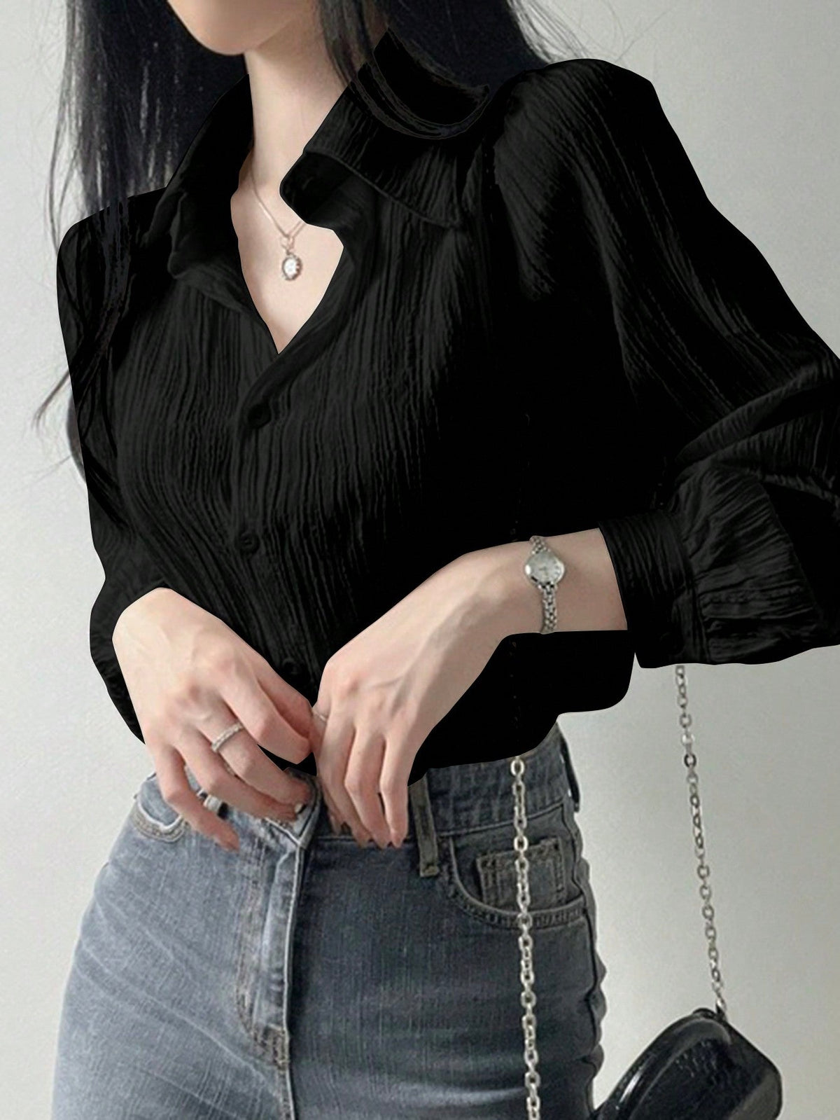 Camisa de Tecido Amassado com Caimento Leve Preto / P Camisa de Tecido Amassado com Caimento Leve