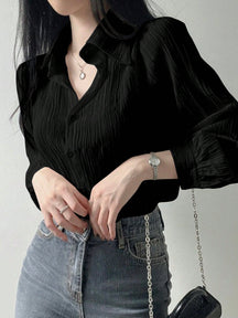 Camisa de Tecido Amassado com Caimento Leve Preto / P Camisa de Tecido Amassado com Caimento Leve