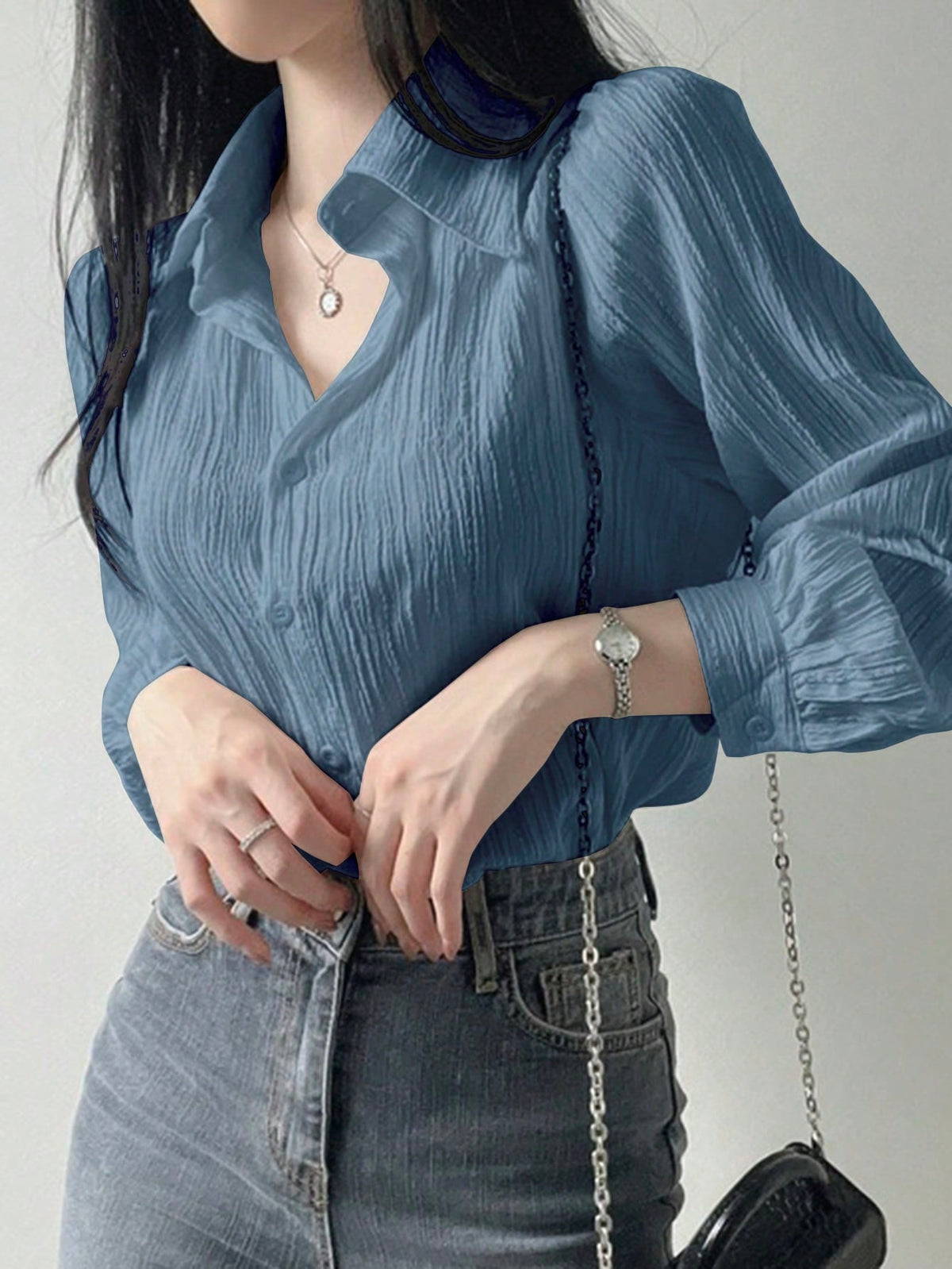 Camisa de Tecido Amassado com Caimento Leve Azul / P Camisa de Tecido Amassado com Caimento Leve