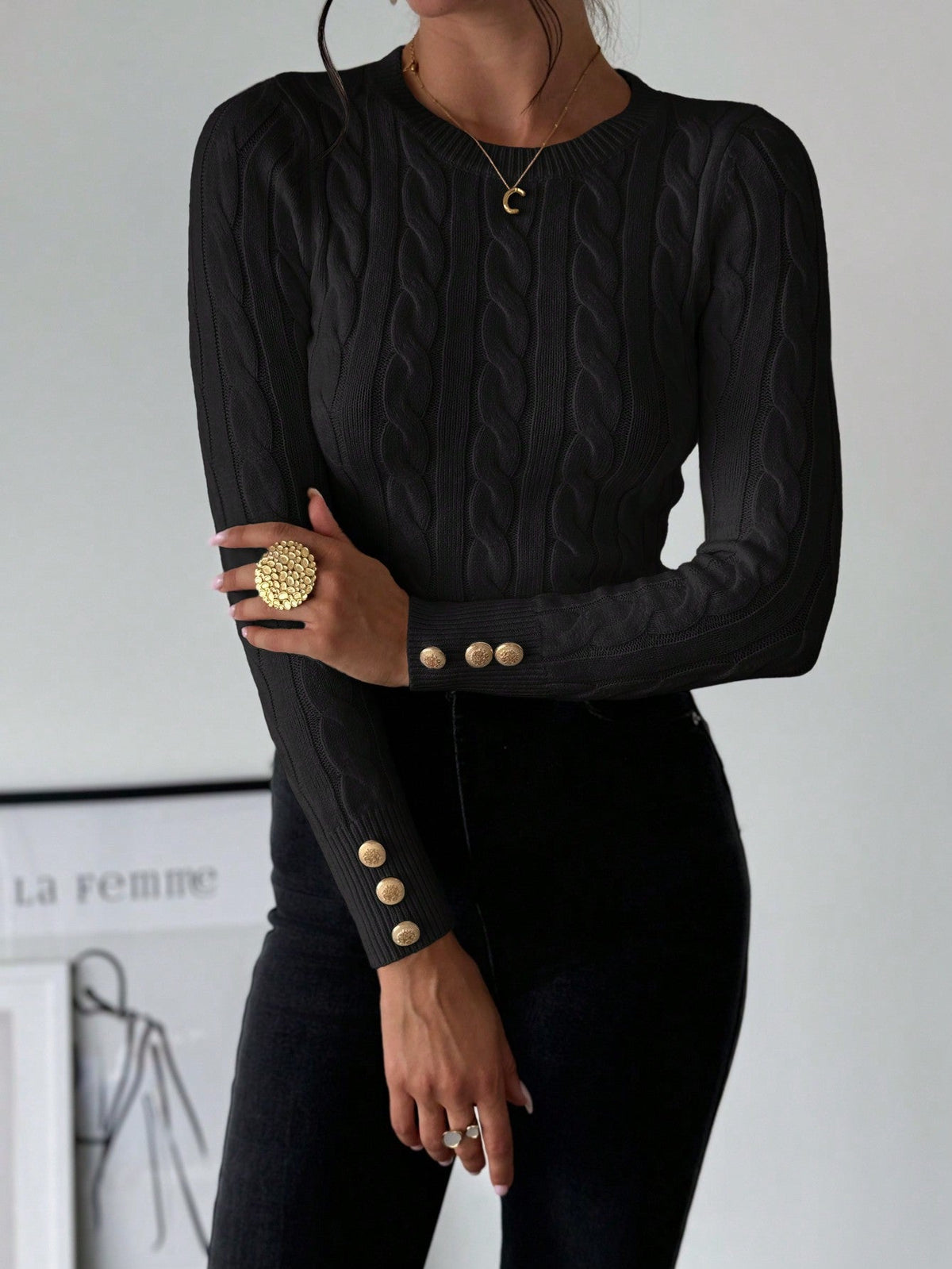 Blusa Tricot com Trança e Botões nos Punhos Preto / P Blusa Tricot com Trança e Botões nos Punhos