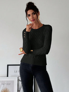 Blusa Tricot com Trança e Botões nos Punhos Blusa Tricot com Trança e Botões nos Punhos