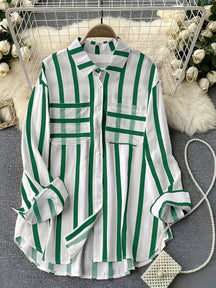 Camisa Listrada Oversized com Bolsos Frontais Verde / P Camisa Listrada Oversized com Bolsos Frontais