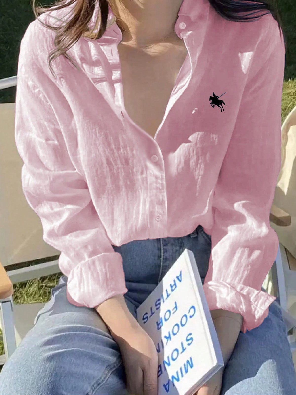 Camisa de Linho com Bordado e Manga Longa Rosa / P Camisa de Linho com Bordado e Manga Longa