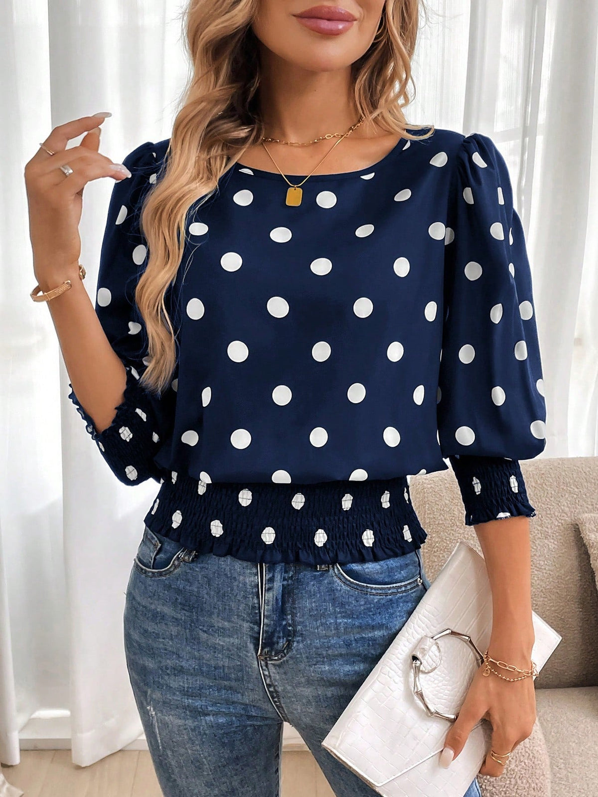Blusa Poá com Manga Bufante e Barra em Lastex Azul / P Blusa Poá com Manga Bufante e Barra em Lastex