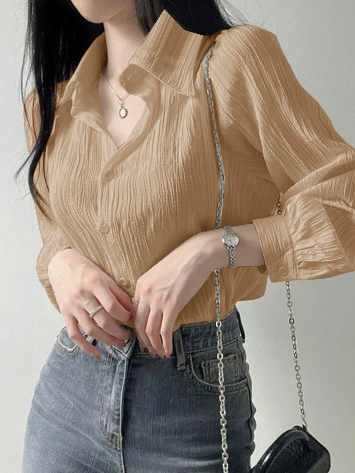 Camisa de Tecido Amassado com Caimento Leve Caqui / P Camisa de Tecido Amassado com Caimento Leve