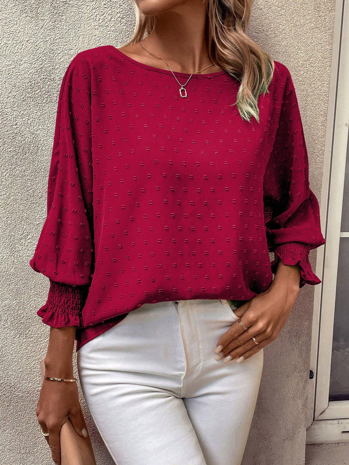 Blusa com Detalhe Texturizado e Manga Bufante Vinho / P Blusa com Detalhe Texturizado e Manga Bufante