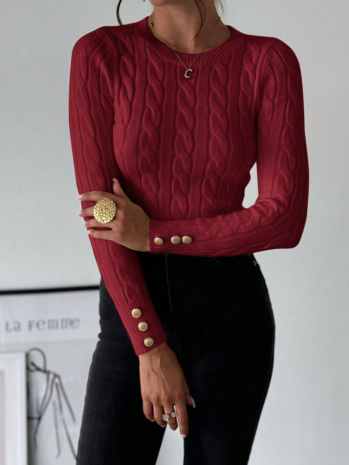 Blusa Tricot com Trança e Botões nos Punhos Vinho / P Blusa Tricot com Trança e Botões nos Punhos