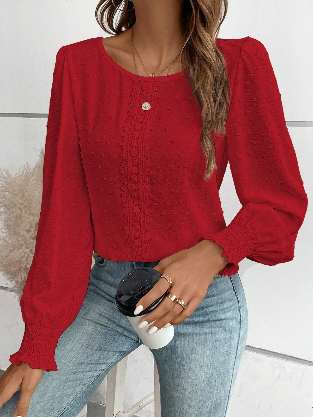 Blusa Texturizada com Detalhes e Punho com Elástico Vermelho / P Blusa Texturizada com Detalhes e Punho com Elástico