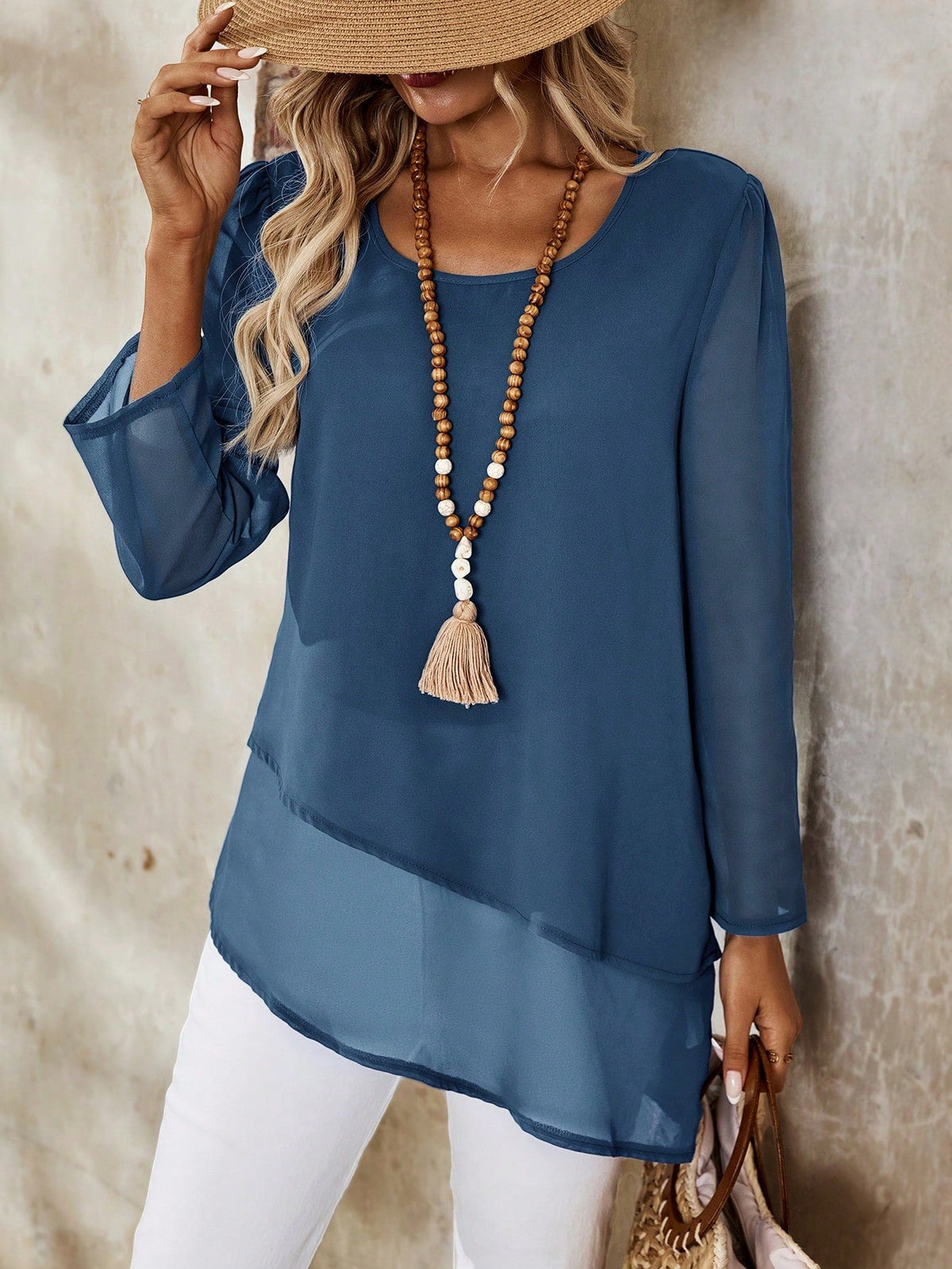 Camisa Longa em Chiffon com Barra Assimétrica Azul / P Camisa Longa em Chiffon com Barra Assimétrica