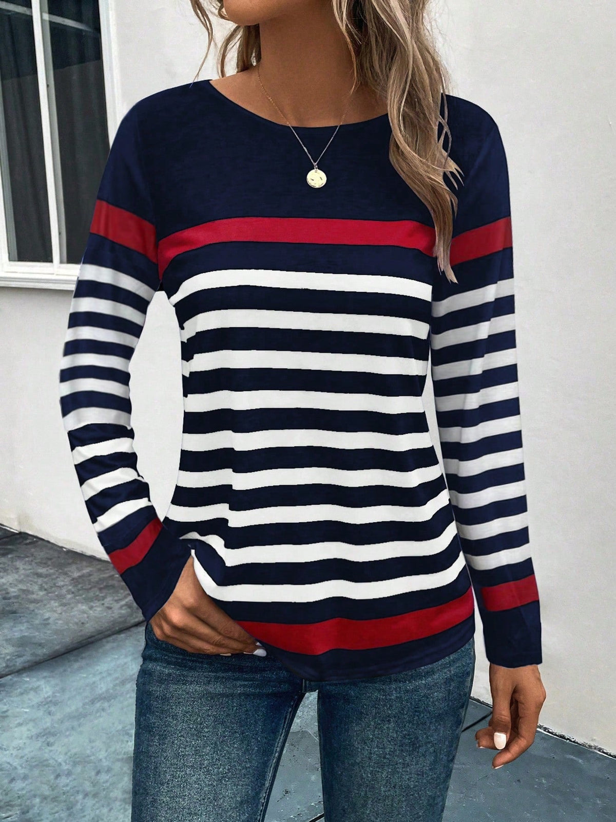 Blusa Listrada com Detalhes Coloridos e Manga Longa Azul / P Blusa Listrada com Detalhes Coloridos e Manga Longa