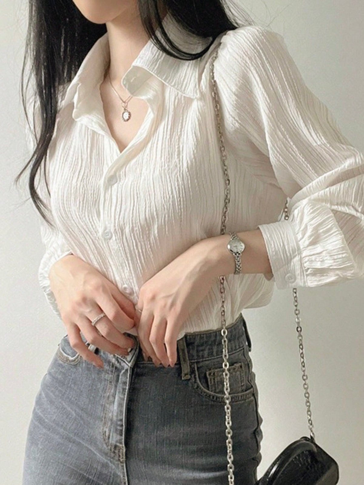 Camisa de Tecido Amassado com Caimento Leve Branco / P Camisa de Tecido Amassado com Caimento Leve