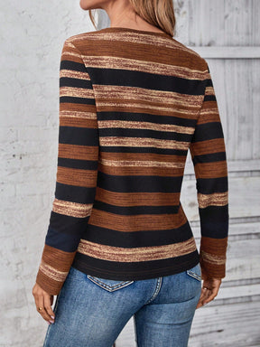 Camiseta Listrada com Decote em V Casual Elegante Camiseta Listrada com Decote em V Casual Elegante